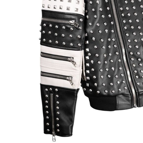Zara Man Mens Jacket Small Black Faux Leather Studded Motorcycle Biker Bomber - Picture 7 of 11